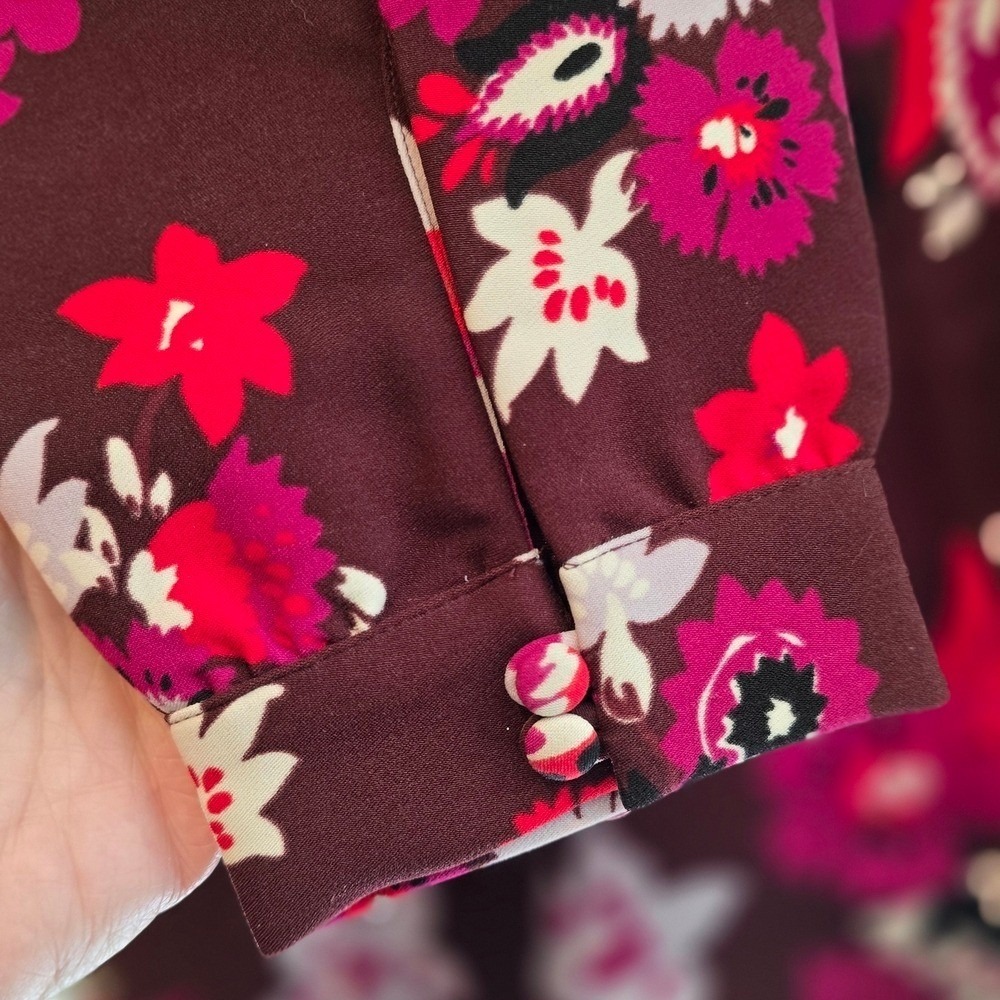 Ann Taylor - Classic Vintage Inspired Burgundy Floral A-Line Dress Long Sleeves - Picture 4 of 6